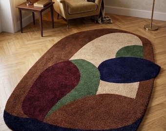 Hand Tufted Abstract Rug Brown Beige Green Navy | Modern Organic Shape Area Rug | Soft Plush Statement Living Room, Bedroom Rug 4x6 6x9 7x10