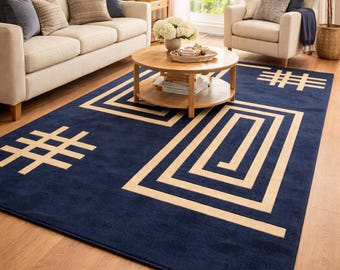 Navy Blue Geometric Rug, Hand Tufted Modern Area Rug, Beige Greek Key Pattern Carpet, Contemporary Living Room Rug, 5x7 6x9 7x10 8x10 10x14
