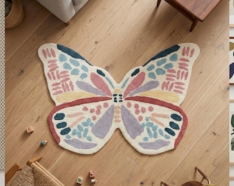 Hand Tufted Butterfly Abstract Rug – Cream Pink Teal Modern Area Rug, Soft Plush Irregular Shape Carpet, Aesthetic Living Room Bedroom Rug