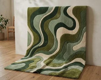 Bring Nature Indoors with a Green Abstract Wool Rug | Modern Sage, Olive & Cream Area Rug | Handmade Hand Tufted Carpet Decor.