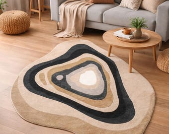 Beige Brown Black Hand tufted Cream Modern Area Rug, Neutral Irregular Shape Carpet, Minimalist Living Room Bedroom Rug, 4x6 6x10 7x9 10x14
