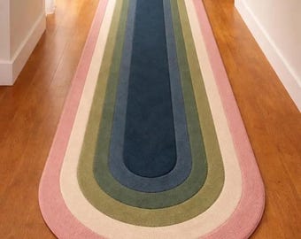 Hand Tufted Runner Rug Pink Green Blue Stripes | Modern Oval Hallway Rug | Soft Wool Entryway Carpet | 2x9 2x13 2.5x10 2.5x14 3x8 3x12 3x16