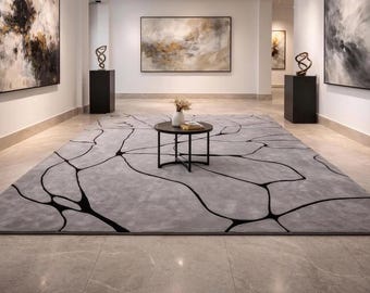 Modern Abstract Grey Hand-Tufted Rug, Black Line Pattern Area Rug, Soft Neutral Rug for Living Room Bedroom 6x9 7x10 8x10 10x14 12x16