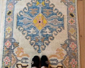Ivory Pastel Turkish Hallway Hand Knotted Oushak Runner Rug, Vintage Wool Runner with Blue Yellow Medallions, Neutral Boho Corridor Rug