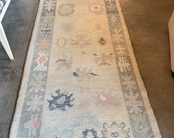 Hand Knotted Oushak Runner Rug, Beige Ivory Pastel Hallway Rug, Vintage Turkish Wool Runner, Distressed Boho Neutral Corridor Rug