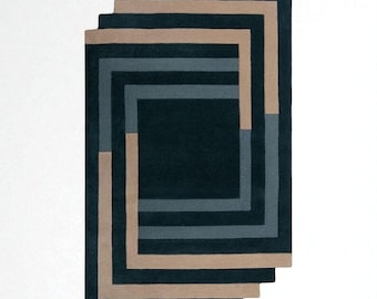 Hand Woven Geometric Rug, Dark Teal Beige Grey Modern Area Rug, Minimalist Living Room Carpet, 4x6 6x10 7x9 8x10 9x11 10x14 12x15