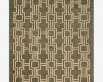 Modern Olive Green Geometric Wool Rug | Hand Tufted Area Rug | Contemporary Sage Green Rug | Luxury Living Room & Bedroom Carpet.