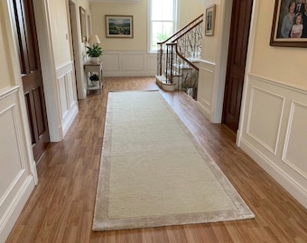 Sage Green Hand Tufted Runner Rug Beige Cream Border | Soft Wool, Silk Runner Rug | Modern Entryway Kitchen Runner 2x6 2x10 2.5x14 3x12 3x16