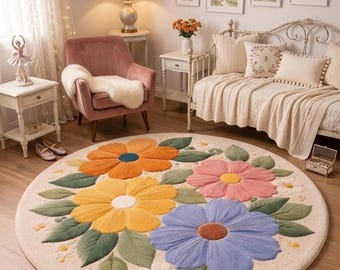Hand Tufted Floral Round Rug, Pastel Flower Area Rug, Cream Base with Orange Yellow Pink Blue Flowers, Soft Tufted Wool Rug 3x5 4x7 6x9 8x10