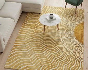 Mustard Yellow Wool Rug, Modern Abstract Ivory Wave Pattern hand tufted Rug, Golden Contemporary Area Rug 3x6 4x6 6x8 8x10 10x14 11x14 12x15