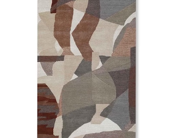 Neutral Abstract Hand Tufted Rug, Beige Brown Grey Modern Area Rug, Geometric Wool Carpet,  Minimalist Living Room Rug, 5x8 6x10 8x10 10x14