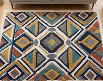 Hand Tufted Geometric Rug, Navy Blue Mustard Teal Area Rug, Ivory Cream Base Rug, Living Room Bedroom Rug, 6x9, 7x9, 8x10ft,Custom Available
