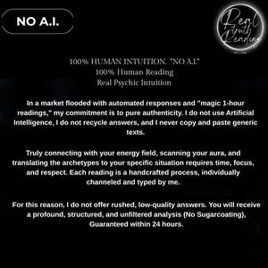 May include: A black graphic advertisement with white text stating NO A.I., 100% HUMAN INTUITION, 100% Human Reading, and Real Psychic Intuition. The text explains a commitment to authentic, handcrafted psychic readings without artificial intelligence.