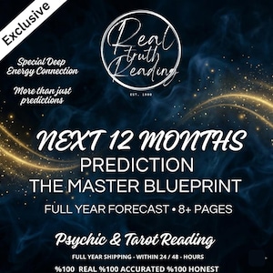 Puede incluir: Anuncio de una lectura psíquica y de tarot. La imagen presenta el texto "Real Truth Reading" en un logotipo circular, con las palabras "Next 12 Months Prediction" en un lugar destacado. El fondo es azul oscuro con detalles dorados.