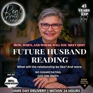 May include: A person with short gray hair and purple-rimmed glasses wearing a dark blue patterned shirt. Text overlays include 'Real Truth Reading', '45 YEARS EXP', 'FUTURE HUSBAND READING', 'HOW, WHEN, AND WHERE WILL YOU MEET HIM?', and 'NO AI'.