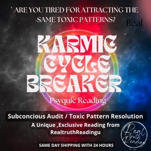 Puede incluir: Gráfico promocional con el texto "Karmic Cycle Breaker" en blanco, sobre un fondo rojo y arcoíris. La imagen promociona un servicio de lectura psíquica, con texto adicional sobre auditorías subconscientes y resolución de patrones.