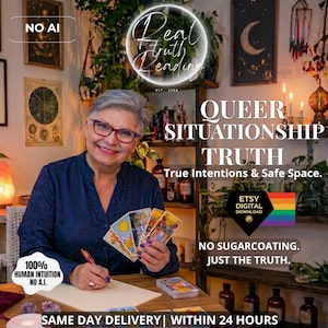 May include: A person with short gray hair and red-rimmed glasses holds a fan of tarot cards while writing on a blank sheet of paper. The image features text including "QUEER SITUATIONSHIP TRUTH," "True Intentions & Safe Space," and "NO SUGARCOATING."