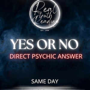Puede incluir: Gráfico digital con el texto "Real Truth Reading" en un círculo blanco, con las palabras "YES OR NO" en letras blancas grandes. Debajo, el texto dice "DIRECT PSYCHIC ANSWER" en rojo y "SAME DAY" en la parte inferior.