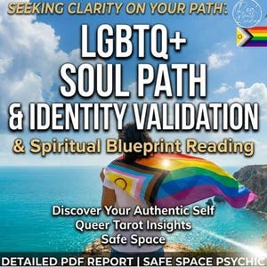 Puede incluir: Imagen que promociona servicios de validación de identidad y camino del alma LGBTQ+. El texto incluye "Buscando claridad en tu camino", "Descubre tu yo auténtico" e "Insights del tarot queer". Una persona sostiene una bandera arcoíris.