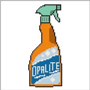 Puede incluir: Botella de spray naranja con gatillo azul claro y la palabra "OPALITE" en azul y blanco. El diseño es pixelado, con burbujas blancas en la etiqueta. El tema general son productos de limpieza.