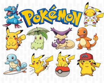Paquete de imágenes PNG de Pokémon, diseño de camisetas de Pokémon, imágenes prediseñadas PNG de Pikachu, pegatinas lindas de Pokémon, paquete de descarga digital de Charmander, Squirtle y Bulbasaur.