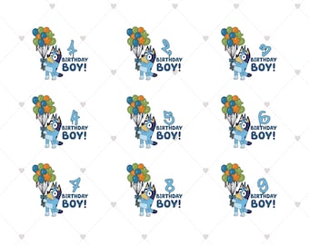 Paquete PNG de cumpleaños de Bluey, PNG de cumpleaños de dibujos animados de perro azul, PNG de niño de cumpleaños, Sublimación de feliz cumpleaños, Decoración para fiestas de cumpleaños infantiles, Digital