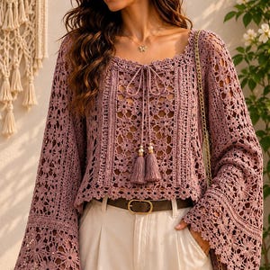 May include: A mauve long-sleeved crochet top featuring an intricate floral pattern, a square neckline with a drawstring tie, and two decorative tassels. The garment has wide, flared sleeves and is paired with light-colored trousers and a dark belt.