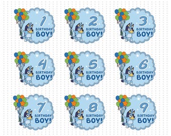 Paquete de imágenes PNG de cumpleaños de Bluey, PNG de cumpleaños de perro azul de dibujos animados, decoración para fiestas de cumpleaños infantiles, sublimación de feliz cumpleaños, descarga digital, imágenes prediseñadas