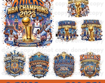 Paquete PNG de campeones de los Knicks, PNG de los New York Knicks, campeones de baloncesto 2026, PNG de baloncesto de los Knicks, trofeo de campeonato, camiseta de baloncesto