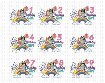 Paquete de PNG de cumpleaños de Bluey, PNG de cumpleaños de dibujos animados de perro azul, PNG de niña de cumpleaños, Sublimación de feliz cumpleaños, Decoración para fiestas de cumpleaños infantiles, Digital