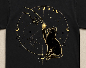 Celestial Cat Creation of Adam Shirt Mystic Moon Phase Graphic Tee Black Cat Astrology Top