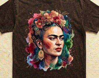 Camiseta con retrato de artista de acuarela y corona de flores vibrantes. Regalo para amantes del arte estético.