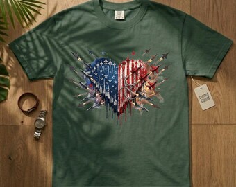 Camiseta con corazón patriótico, avión de combate, bandera estadounidense, colores cómodos, 4 de julio