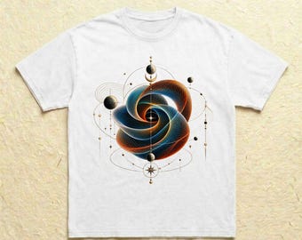 Könnte beinhalten: Ein weißes T-Shirt mit kurzen Ärmeln und einem zentralen Grafikdruck einer abstrakten, wirbelnden geometrischen Form in Blau- und Orangetönen. Das Design ist von feinen Linien, kleinen Punkten und sternartigen Symbolen umgeben.