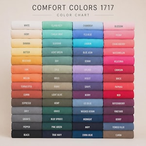 Pu&ograve; includere: Una tabella colori Comfort Colors 1717 che mostra una griglia di campioni di tessuto piegati in varie tonalit&agrave;. Il testo in alto recita COMFORT COLORS 1717 COLOR CHART. La griglia presenta file di colori tra cui bianco, avorio, giallo, arancione, rosso, rosa, viola, blu, verde, grigio e nero.