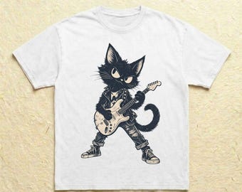 Rock Star Cat Shirt Black Cat Guitar Tee Punk Grunge Graphic Top Vintage Electric Guitar Kitty Music Lover Gift