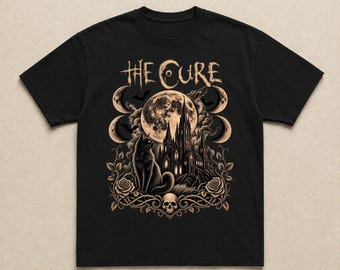 Gothic Cat Shirt Black Cat Witchy Tee Moon Phase Cathedral Graphic Top Comfort Colors Cottagecore Halloween Gift