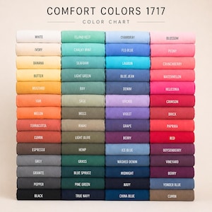 May include: Color chart titled "COMFORT COLORS 1717" displaying a variety of fabric colors. The chart includes shades like white, ivory, banana, butter, mustard, yam, melon, terracotta, cumin, espresso, grey, granite, pepper, and black.
