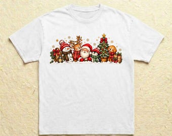 Santa and Friends Shirt Cute Christmas Animals Tee Vintage Snowman Reindeer Graphic Top Comfort Colors Holiday Gift