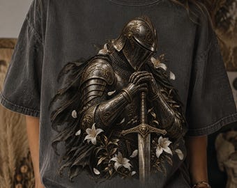 Gothic Knight Shirt Medieval Fantasy Tee Dark Floral Warrior Graphic Top Comfort Colors Renaissance Anniversary Gift
