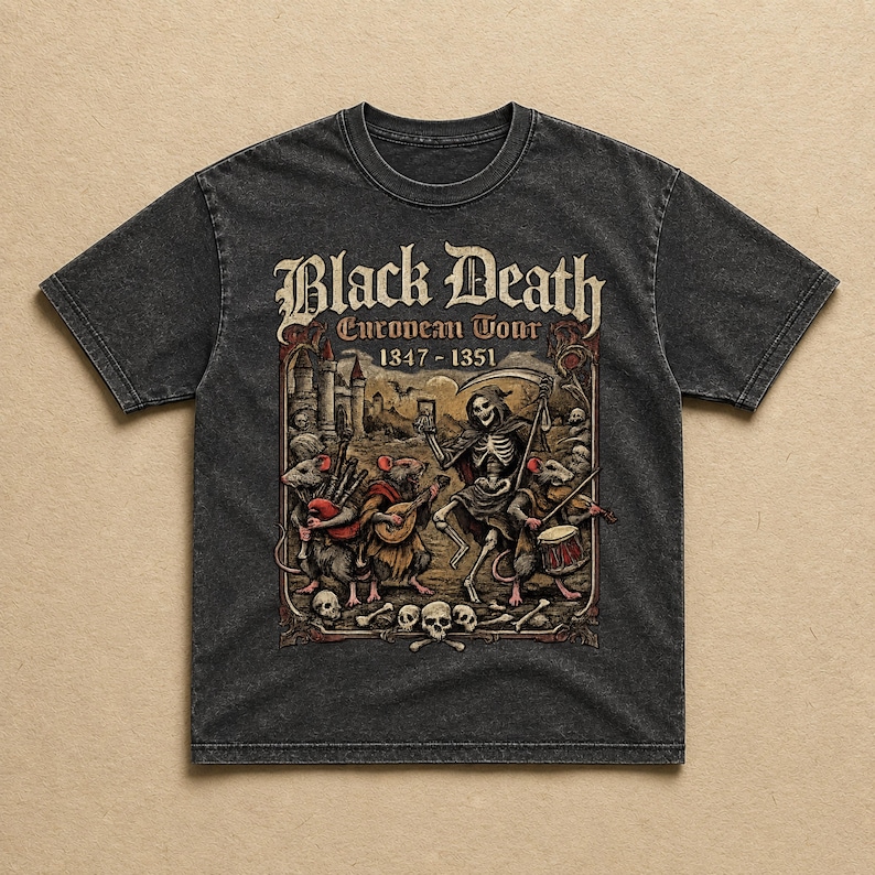 May include: Dark gray t-shirt featuring a graphic with the text "Black Death European Tour 1347-1351". The graphic depicts a skeleton with a scythe, rats playing instruments, and skulls.