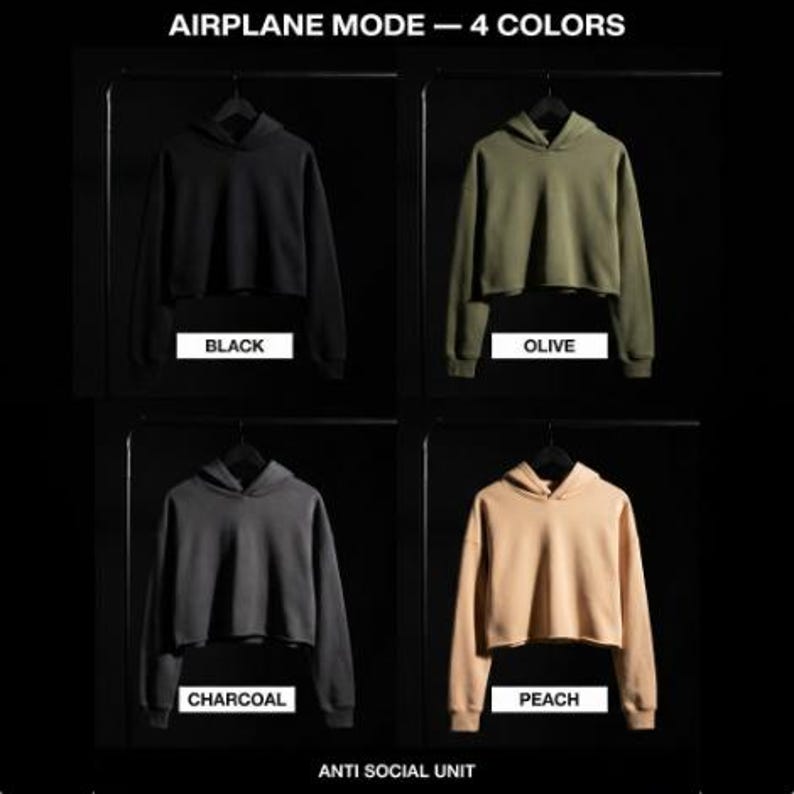 Airplane Mode Unit Cropped Hoodie Statement Piece Raw Hem Anti Social Minimalist Streetwear Dropped Shoulder Boxy Fit Privacycare Gear Top image 11
