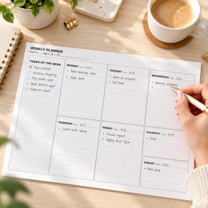 Könnte beinhalten: Ein weißer Wochenplaner-Bogen mit schwarzem Text und Linien, der einen Bereich für Aufgaben der Woche sowie tägliche Spalten von Montag bis Sonntag enthält. Der Planer zeigt handschriftliche Einträge für die Daten vom 14. bis 20. April.