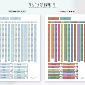 May include: A 2027 yearly index kit for the Hobonichi Cousin featuring two sticker sheets. The left sheet, Original Blue & Mint, has blue and mint columns. The right sheet, Hobonichi Months, has multicolored columns and month labels with small cat illustrations.