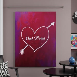 May include: A rectangular wall art piece featuring a deep red and purple abstract painted background. Centered on the canvas is a large white hand-drawn heart pierced by an arrow, with the white text "Chat GPT+me" written inside the heart shape.