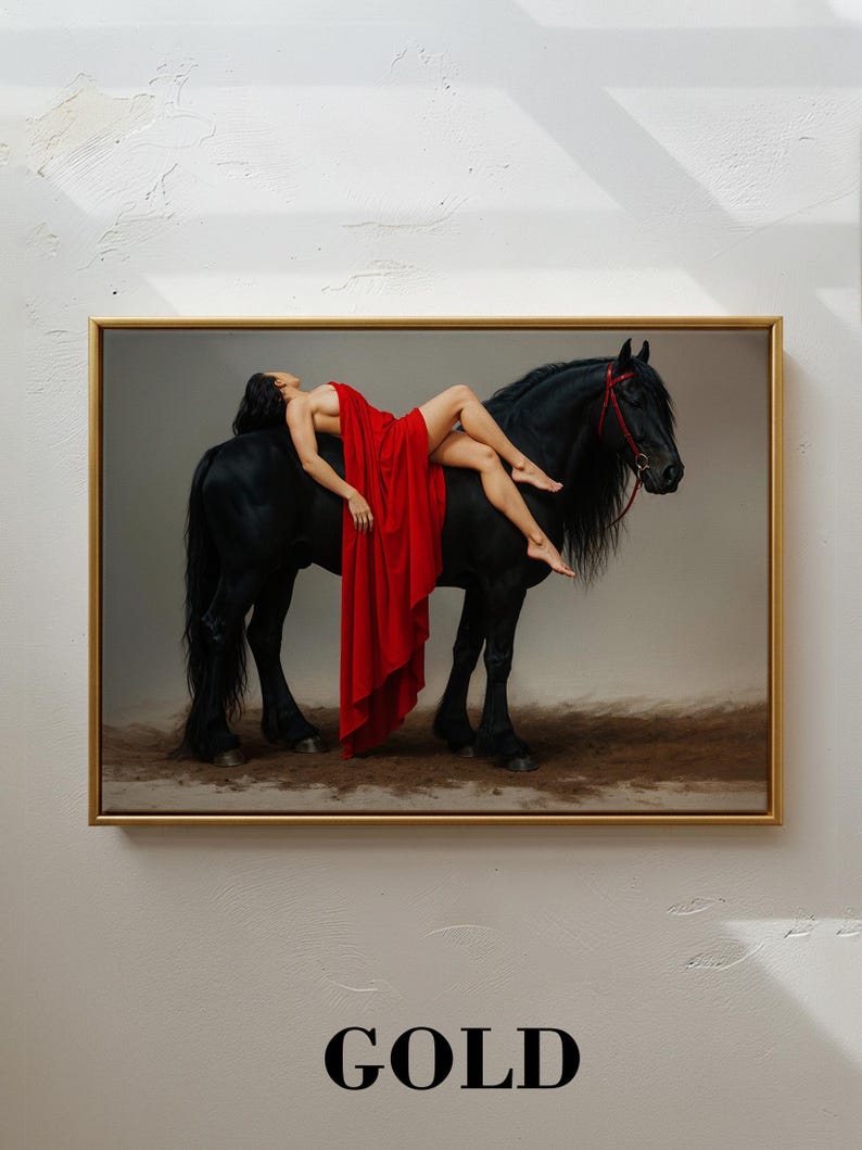 Sensual Woman & Black Horse Art Print | Red Dress Equestrian Decor - Etsy