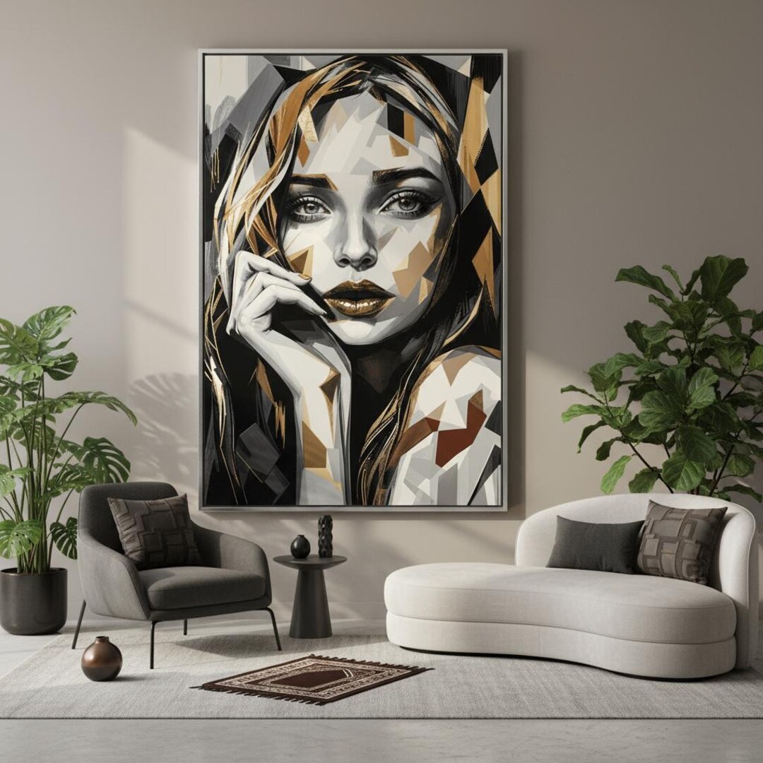 Geometric Woman Art Print | Modern Blue & Gold Portrait - Etsy