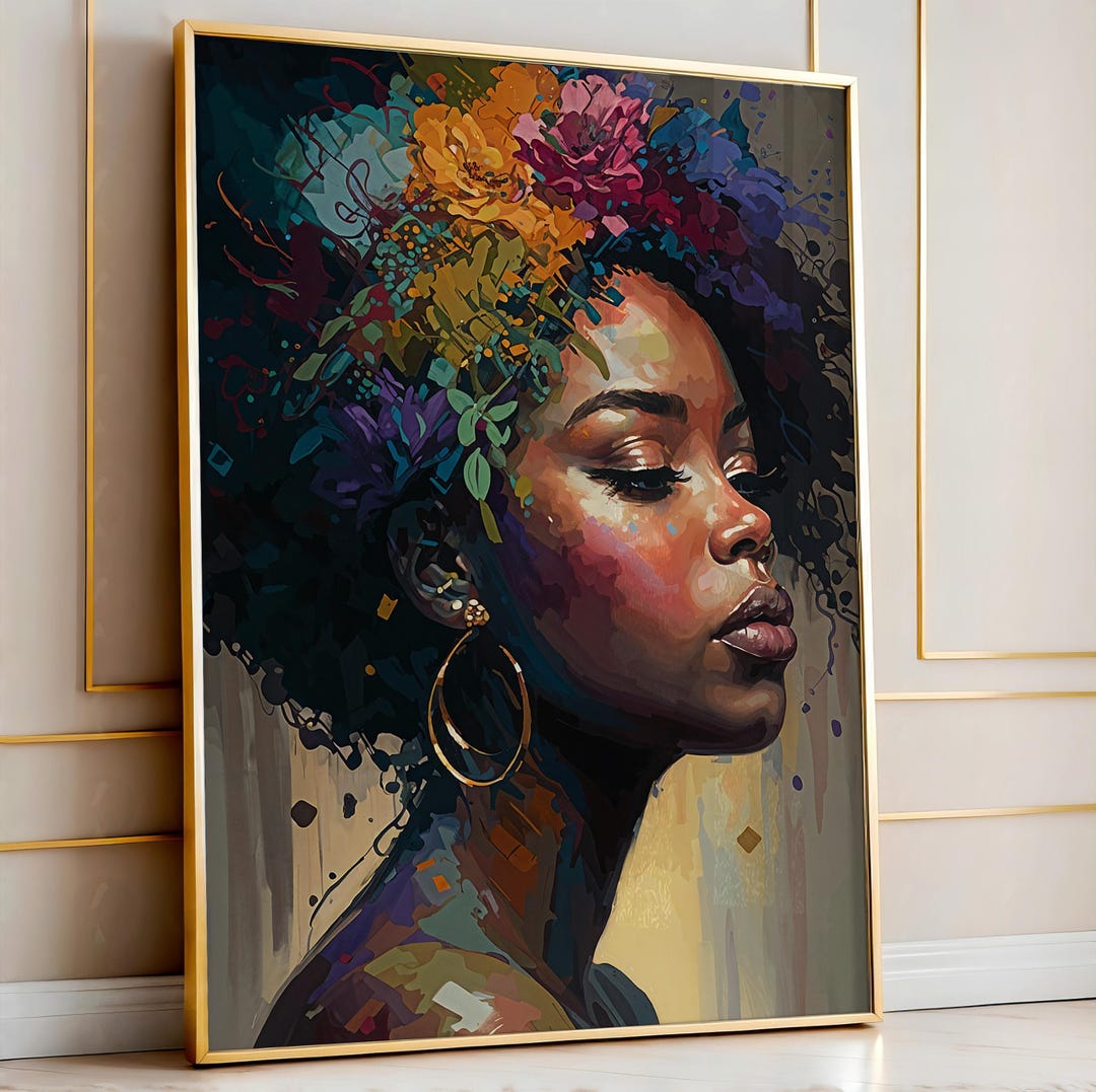 Black Woman Floral Crown Canvas Art | Botanical Portrait Wall Decor - Etsy