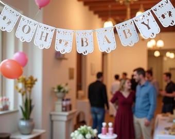 Oh Baby Banner: Pearl White, Pink, or Blue - Baby Shower Garland