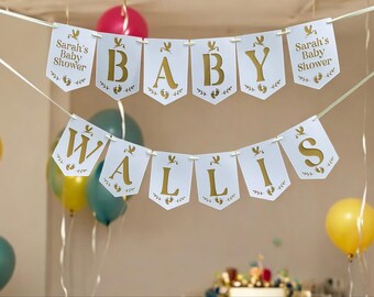 Personalized Baby Shower Bunting: Custom Garland, Gold Detail
